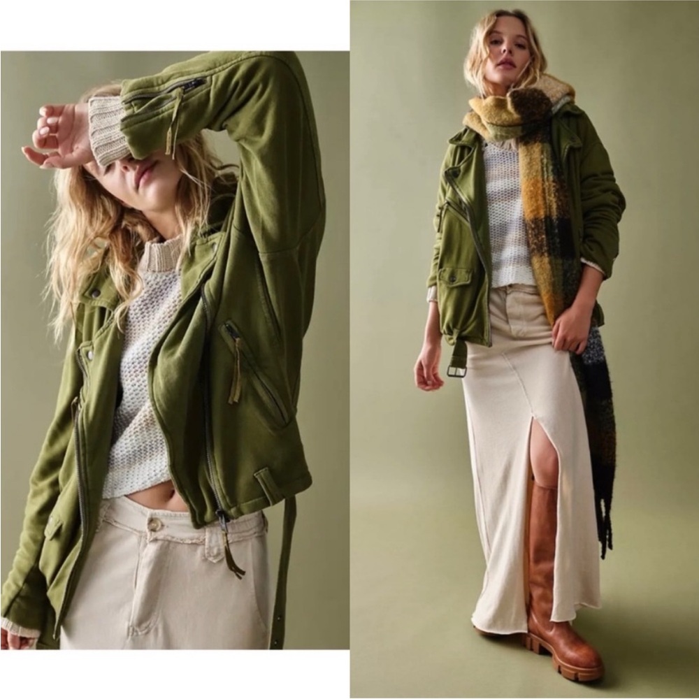 Free People Rebel Knit Oversized Moto Jacket in Greyed Olive, Size Small